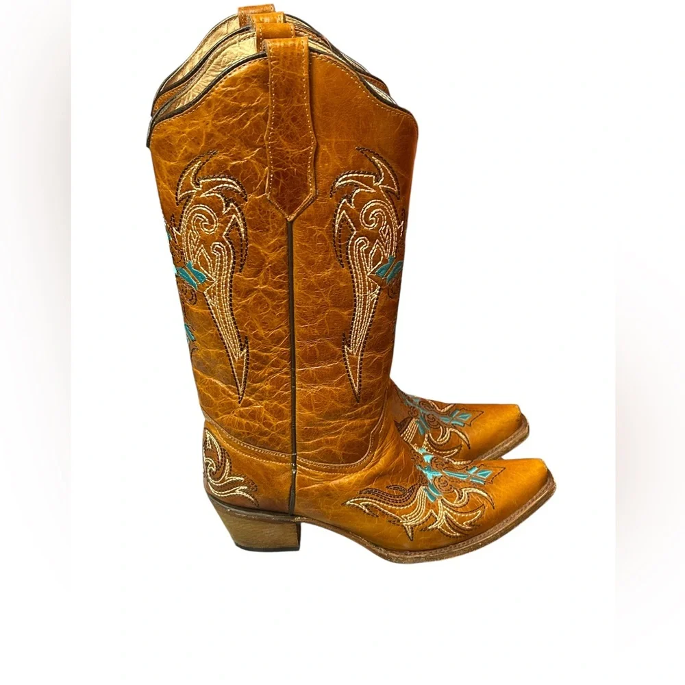 Circle G by Corral Cognac & Turquoise-Beige Wing & Cross Boots Size 10 - Picture 11 of 11
